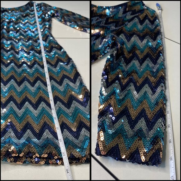 As U Wish Blue Gold Chevron Sequin Bodycon Dress 3/4 Sleeves Scoop Back Size S - Picture 6 of 9